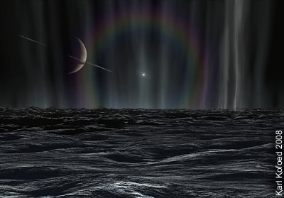 Sonnenaufgang auf Enceladus mit Sonnenhalo und Wasserfontänen Sonnenaufgang auf Enceladus mit Sonnenhalo und Wasserfontänen